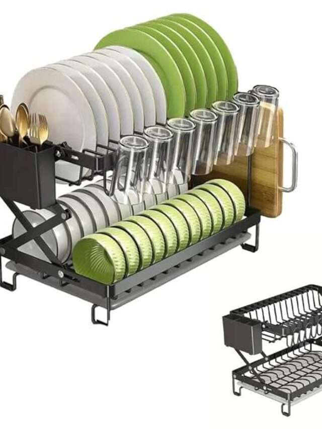 Sisliya Collapsible 2 Tier Dish Rack Over The Sink Kitchen Counter Foldable Drainer Rack with Drainboard (BLACK 5 FOLDABLE)