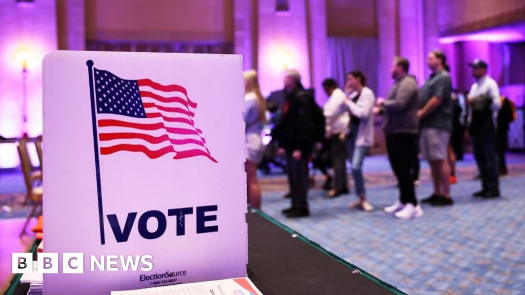 Banner saying 'More on US election 2024'  with faces of Harris and Trump