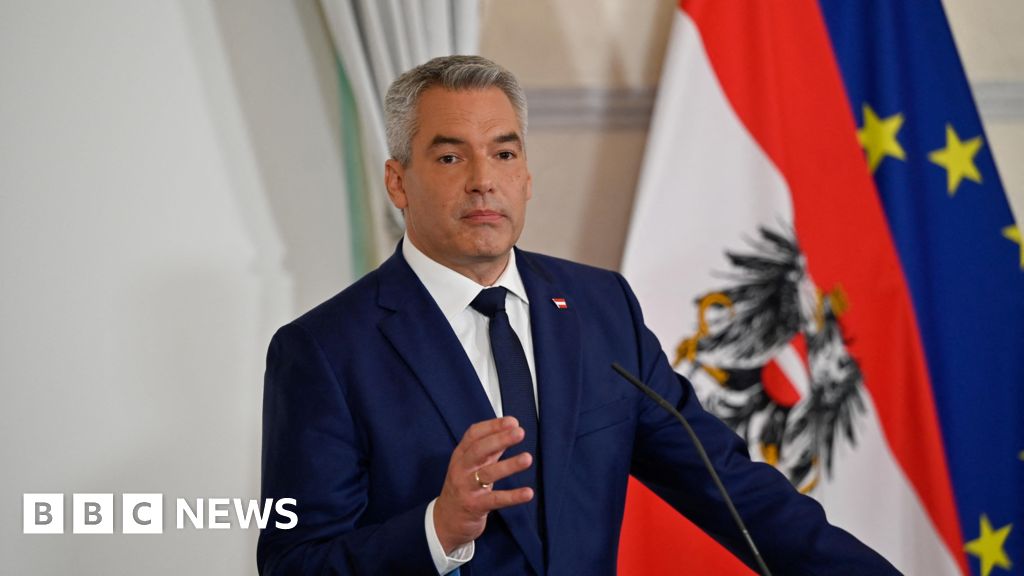 Karl Nehammer wearing a deep blue suit and a tie, standing in front of a microphone, with the Austrian and EU flags behind him