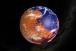 a planet, half reddish orange, half blue and white