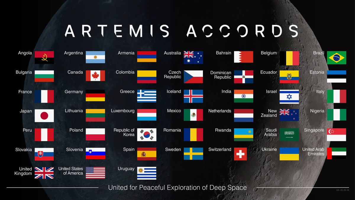 graphic showing 45 small flags beneath the words &quot;artemis accords,&quot; with the moon in the background